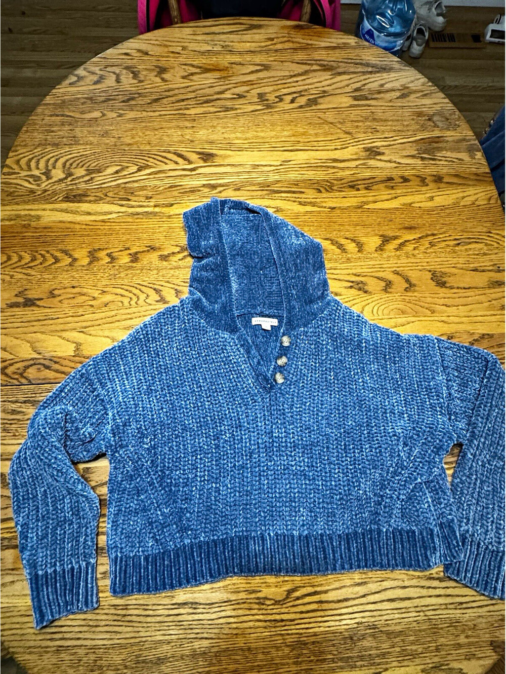 Aeropostale Womens XL Blue Chenille Hooded Sweater Pullover Y2K 3 Button